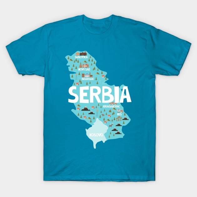 Serbia Illustrated Map T-Shirt by JunkyDotCom